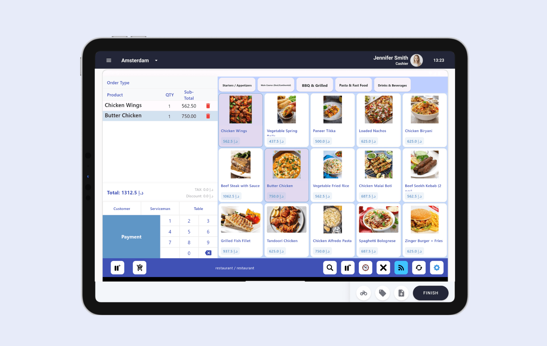 Restaurant table layout on a tablet screen showing occupied and available tables