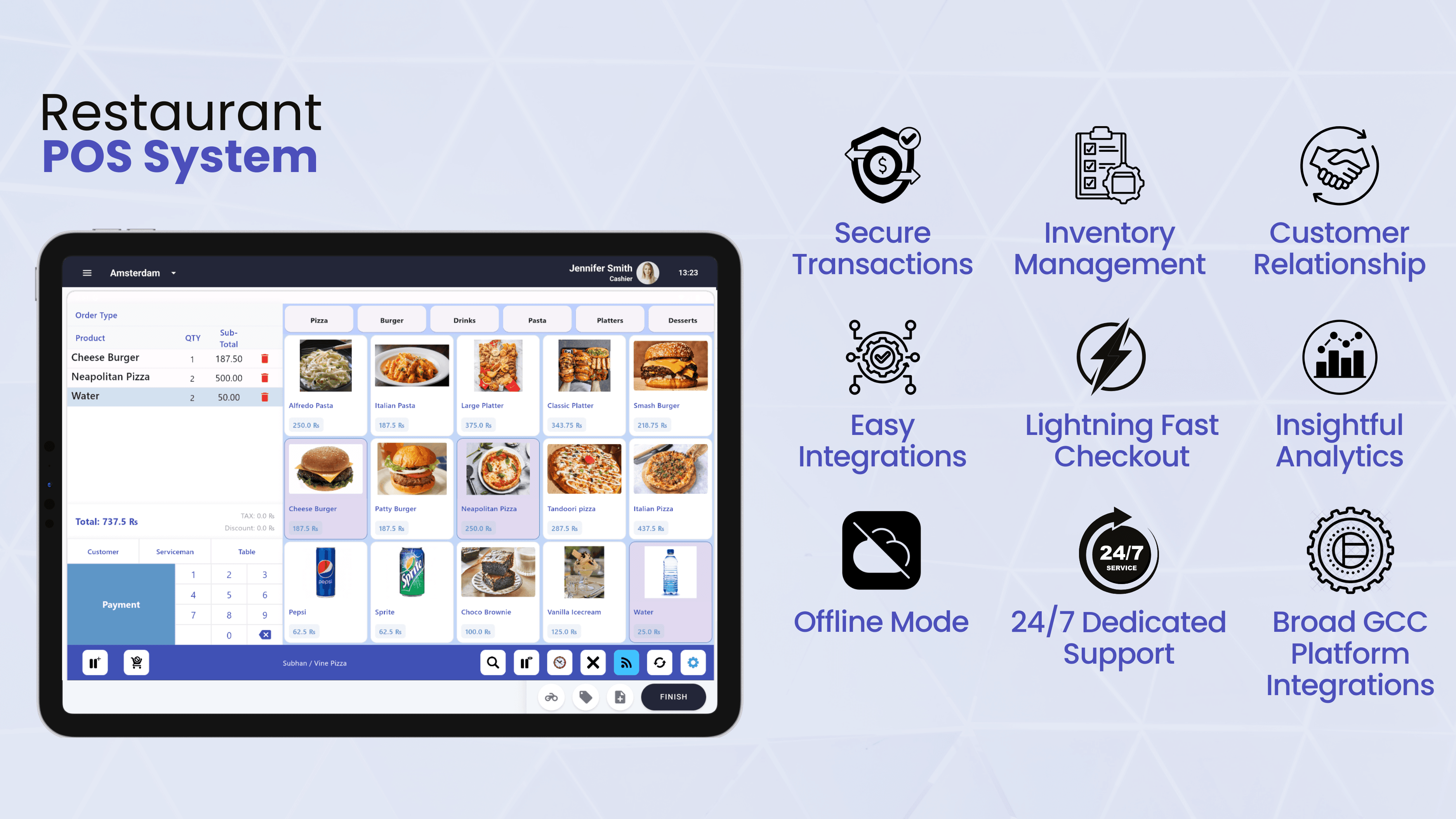 Armor POS dashboard on a tablet, with diverse restaurant staff in background.